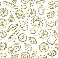 un patrón dibujado a mano de elementos de panadería bretzel croissant pan donut baguette vector al estilo de un boceto de garabato. para menús de cafetería y panadería