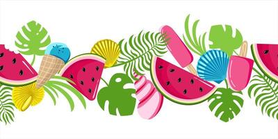 Seamless horizontal summer pattern with ice cream watermelon and monstera leaves on a white background Vector illustration in a flat style