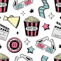 Hand-drawn seamless pattern cinema flapping board film popcorn 3d glasses loudspeaker Vector illustration in doodle style isolated on white background