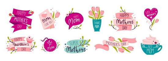 Happy Mothers Day holiday sticker template set with Lettering Vector Illustration