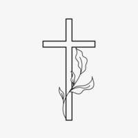 cruzar diseño funerario religioso con ramas. ilustración vectorial en blanco y negro vector