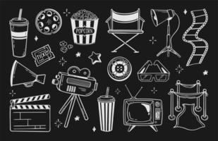 conjunto de elementos de cine garabato con una línea para festivales y vacaciones ilustración vectorial al estilo de un garabato aislado en un fondo negro vector