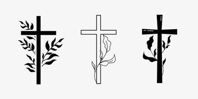 cruzar diseño funerario religioso con ramas. ilustración vectorial en blanco y negro vector