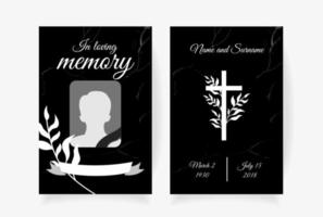 Funeral card template design with branches place under photo cross name and dates of death. Vector illustration in black and white