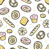 A hand-drawn pattern of bakery elements bretzel croissant bread donut baguette Vector in the style of a doodle sketch. For cafe and bakery menus