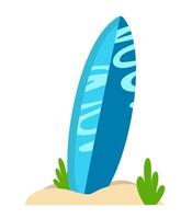 Surfboard standing in the sand in cartoon style Vector illustration isolated on a white background