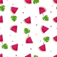 Seamless pattern with monstera leaves and watermelon slices on a white background Vector illustration in a flat style