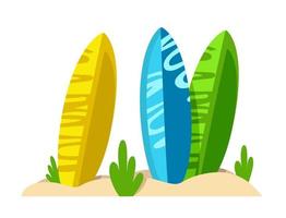 Surfboard standing in the sand in cartoon style Vector illustration isolated on a white background