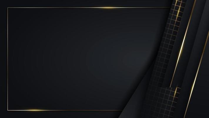 3D modern luxury banner template design black stripes with gold frame and golden lines light sparking on dark background