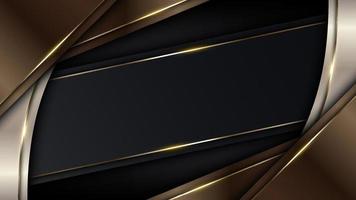 Diseño de plantilla de lujo moderno 3d rayas marrones y doradas con luz de línea de brillo dorado que brilla sobre fondo negro