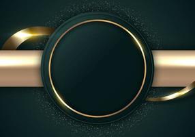 Abstract modern luxury dark green circle shape and golden ring with gold glitter ribbon lines on dark background vector