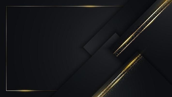3D modern luxury template design black and golden squares stripes with gold glitter line light sparking on dark background