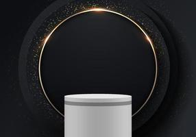 Abstract elegant 3D white podium with black circles layer backdrop golden ring vector