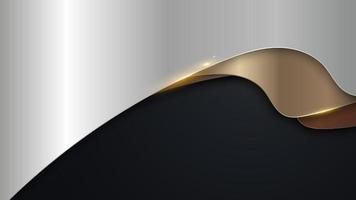 capa de superposición de ondas metálicas de plata, oro y cobre de lujo abstracto en estilo de corte de papel de fondo negro vector