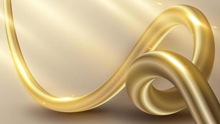 Abstract 3D elegant golden fluid, liquid wave curved lines and light sparking on gold background luxury style