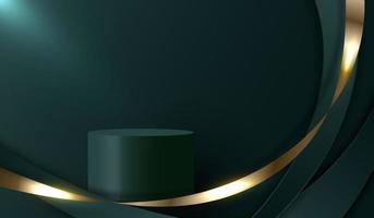 3D realistic modern luxury template design green podium curved shapes with golden ribbon line