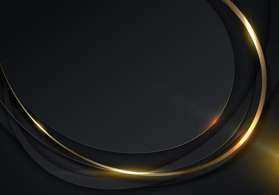 3D modern luxury template design black curved shapes with golden curve lines and lighting sparking on dark background