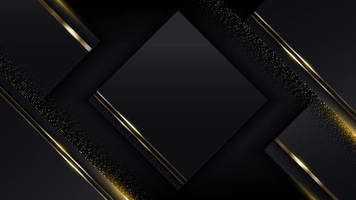 3D modern luxury template design black and golden squares stripes with gold glitter line light sparking on dark background