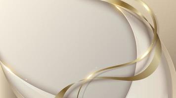 Diseño de plantilla de lujo moderno en 3d blanco, formas curvas de color marrón claro y línea de onda de brillo de cinta dorada que brilla sobre un fondo limpio