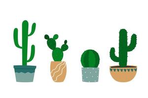 Set of various cactuses in flowerpot. Cartoon colorful houseplants. vector