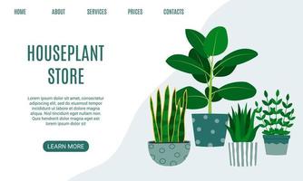 Houseplant store landing page. Rubber plant, aloe and snake plant. vector