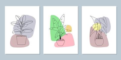 Set of posters with plants in flowerpot. Line art hand drawn houseplants with colored abstract shapes. Modern minimalism. vector