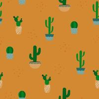 Seamless pattern of cactus in flowerpot. Cartoon colorful houseplants on orange background vector