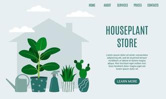 Houseplant store landing page. Cactus, rubber plant, aloe and watering can. vector