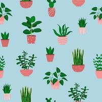 Seamless pattern of houseplants in pink flowerpots. Cartoon colorful plants on blue background vector
