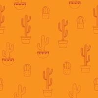 Seamless pattern of cactus in flowerpot. Line art red houseplants on yellow background vector