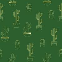 Seamless pattern of cactus in flowerpot. Line art yellow houseplants on green background vector