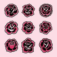 Old school tattoo icons set with red roses symbols isolated vector illustration