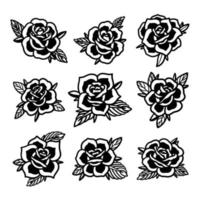 Old school tattoo icons set with roses symbols isolated vector illustration