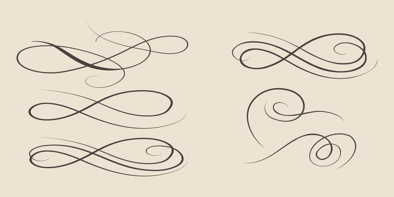 Swirl ornament strokes. Filigree swirl decoration, vintage scroll swirls. Hand drawn curly line dividers