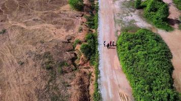 Luftaufnahme von oben nach unten muslimisches Mädchen zu Fuß auf dem ländlichen Weg video