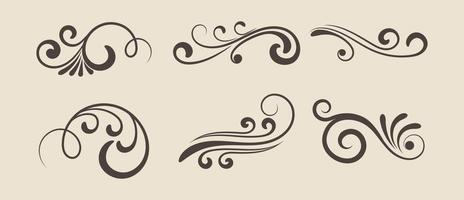 Calligraphic swirl flourish. Modern swirling flourishes, romantic card decorative swirl and wedding card decor curls swirles dividers vector set. Black curly thin lines, filigree ornaments collection