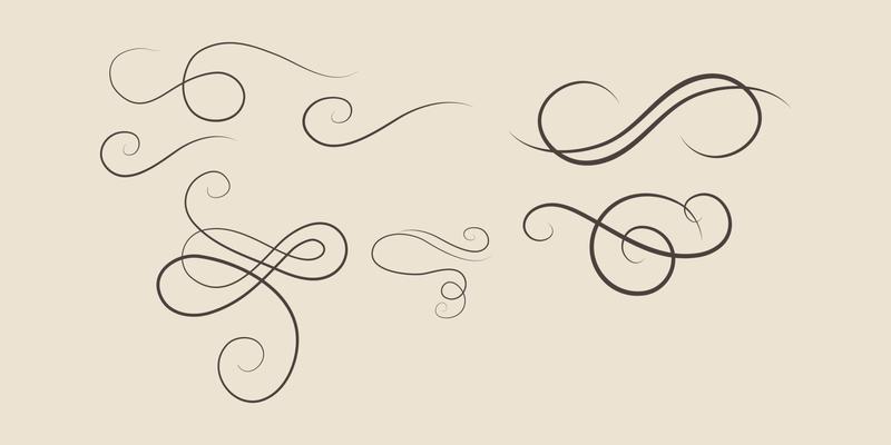 Swirl ornament strokes. Filigree swirl decoration, vintage scroll swirls. Hand drawn curly line dividers, wedding decor swirl ornament