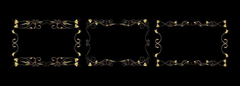 set of golden frames on black background vector