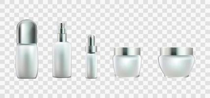 Set vector blank templates of empty and clean white plastic containers. bottles with spray, dispenser and dropper, cream jar, tube vector