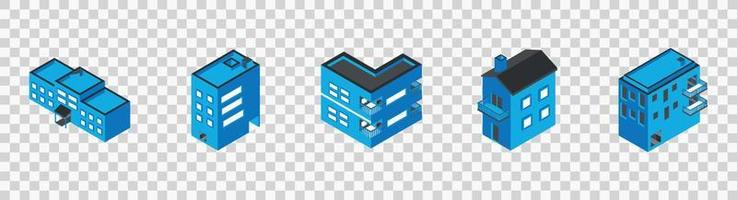 Set of isometric city buildings. private houses, skyscrapers, real estate, public buildings, hotels vector illustration