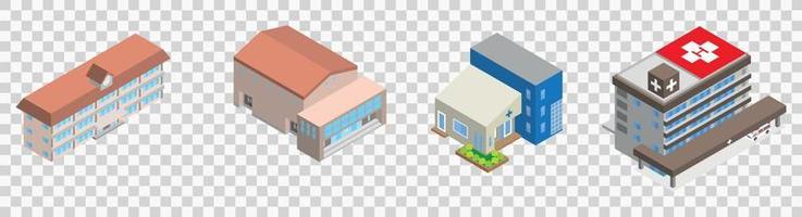 Buildings city set. Isometric top view. Separate vector town houses. Shop street cafe, offices and bank, residential buildings are different types