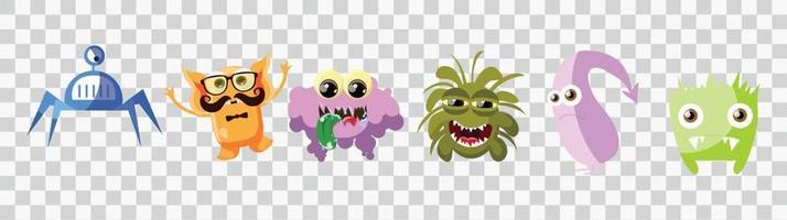 Cute cartoon monsters. Comic halloween joyful monster characters. Funny devil, ugly alien and smile creature flat vector set