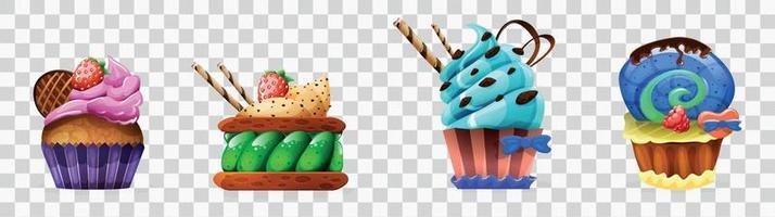 Vector illustration of various kinds of cup cakes with colorful toppings and frosting