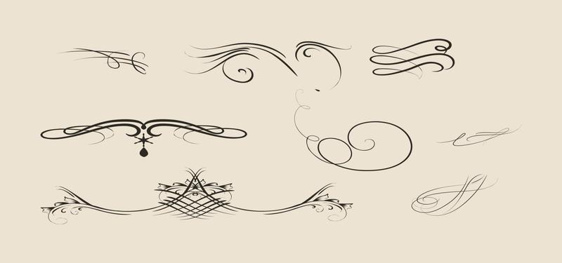 ink pen calligraphy swirl flourishes set vector