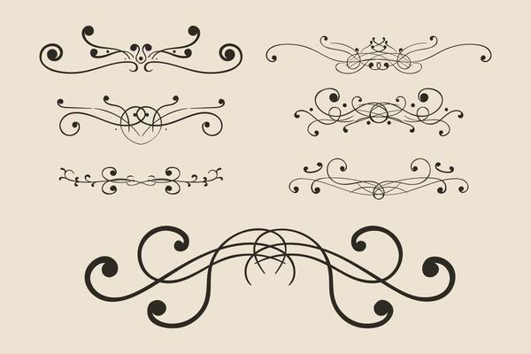 Set of ornamental filigree flourishes and thin dividers. Classical vintage elements, vector eps 10