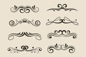 Set of ornamental filigree flourishes and thin dividers. Classical vintage elements, vector illustration