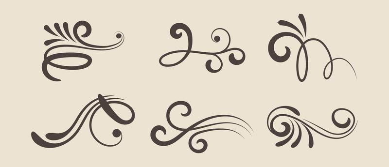 Calligraphic swirl flourish. Modern swirling flourishes, romantic card decorative swirl and wedding card decor curls swirls dividers vector set. Black curly thin lines vector