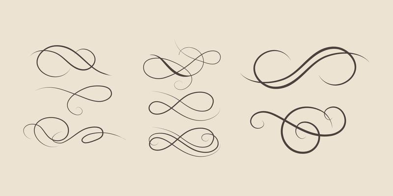 Swirl ornament strokes. Filigree swirl decoration, vintage scroll swirls. Hand drawn curly line dividers vector illustration