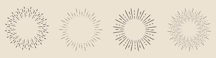 conjunto de rayos de sol antiguos en forma de círculo. elementos de diseño de rayos de explosión retro dibujados a mano de moda vector