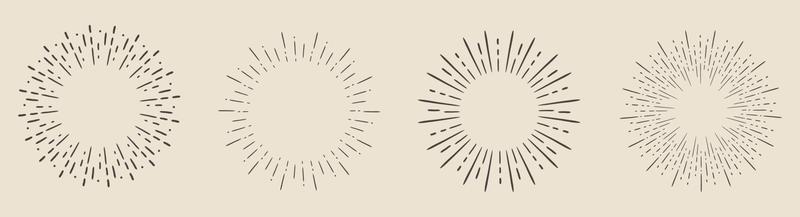 Set of Vintage Sunbursts in Circle Shapes. Trendy hand drawn retro bursting rays design elements